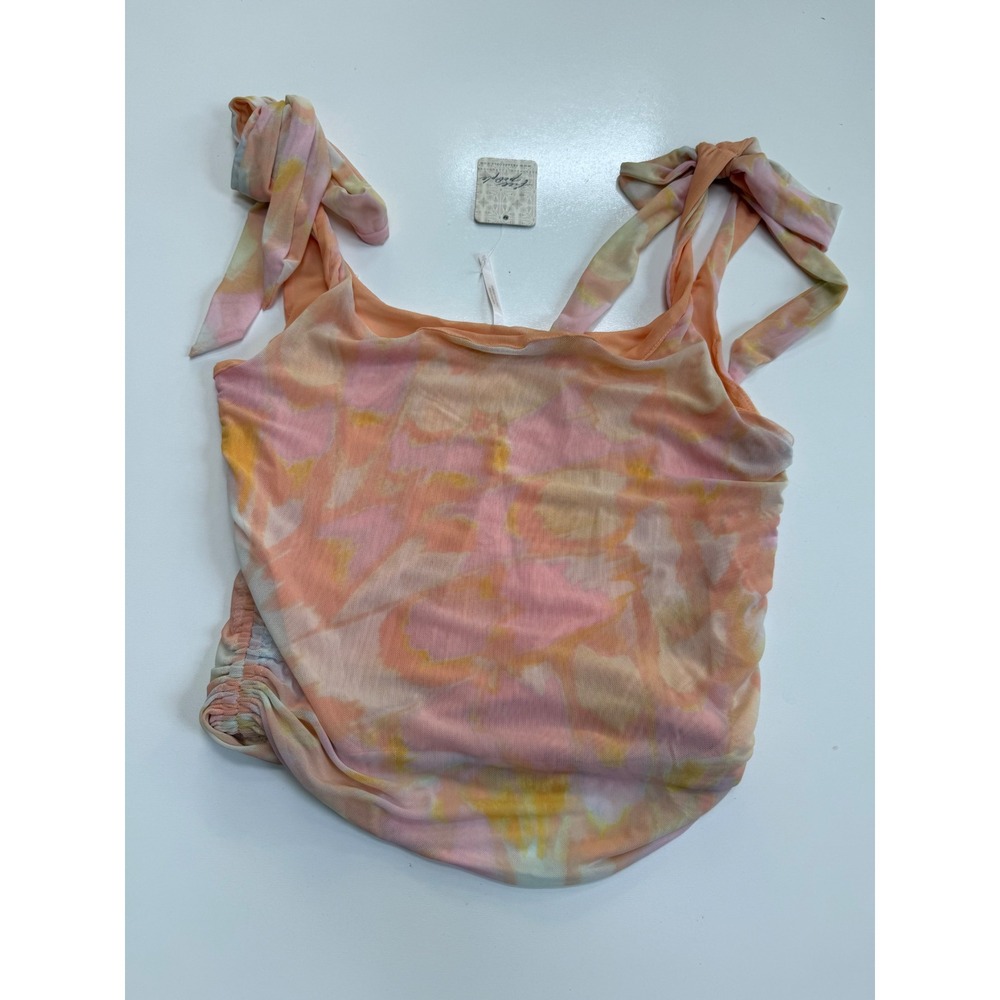 Free‎ People Mesh Tie Dye Ruched Tie Shoulder Tank Top Peach Pink Large NWT